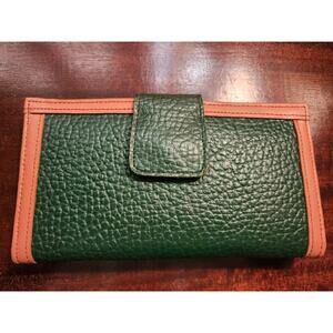 Womens Pebbled Leather Equestrian Wallet Change Purse GREEN BROWN Vintage